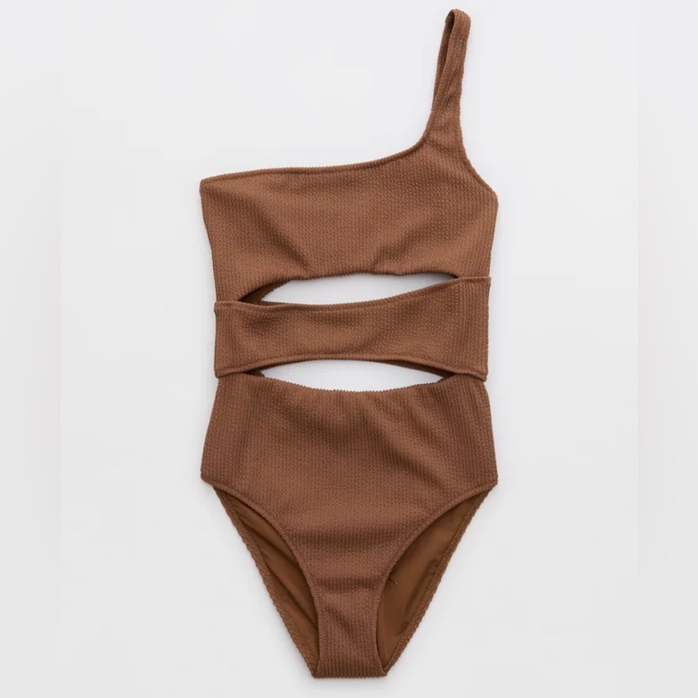 Aerie Brown One-Shoulder Cutout One Piece